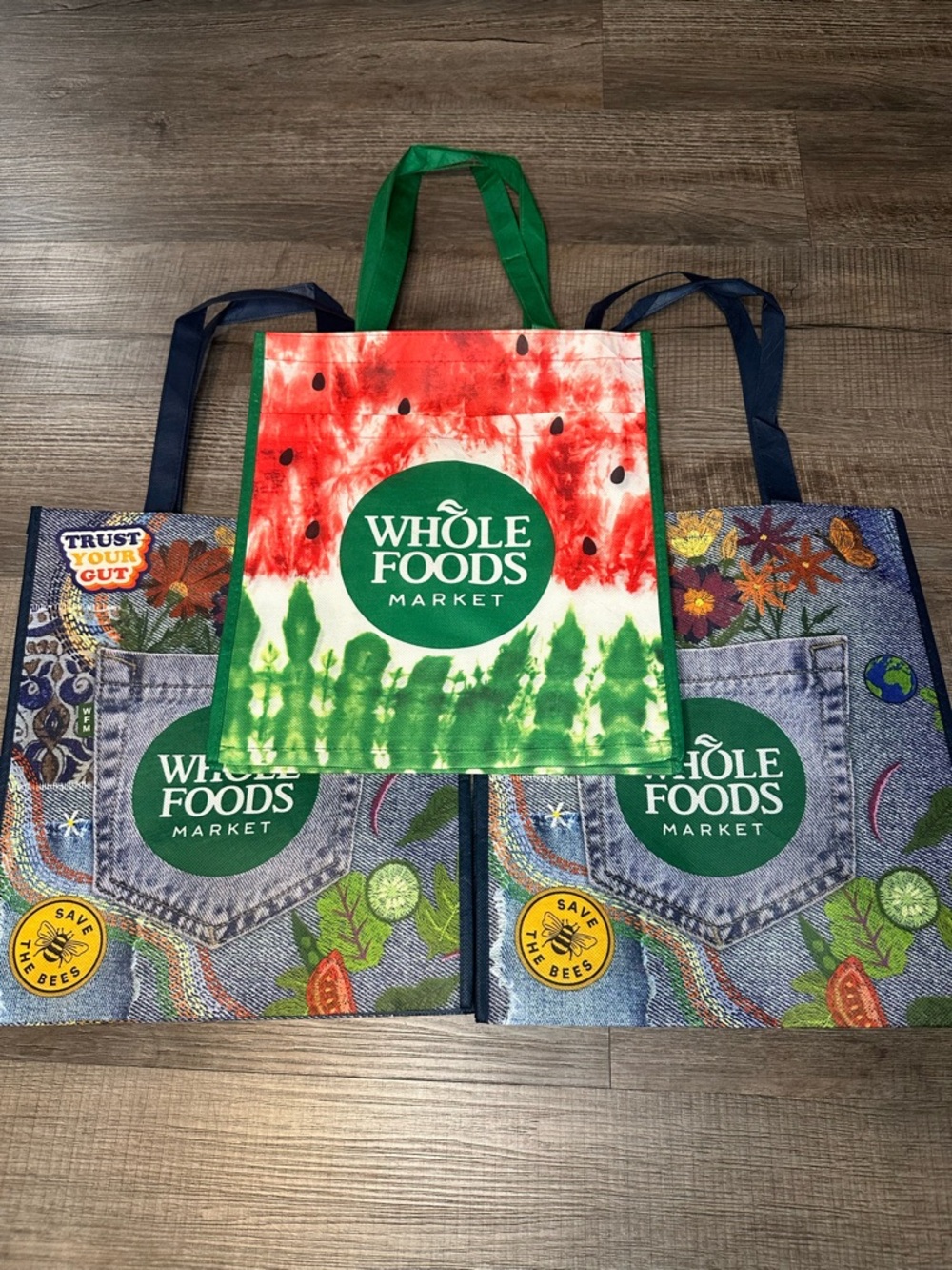 Set of 3 NWT Whole Foods Market Reusable Tote Bags - Jeans and Watermelon Prints